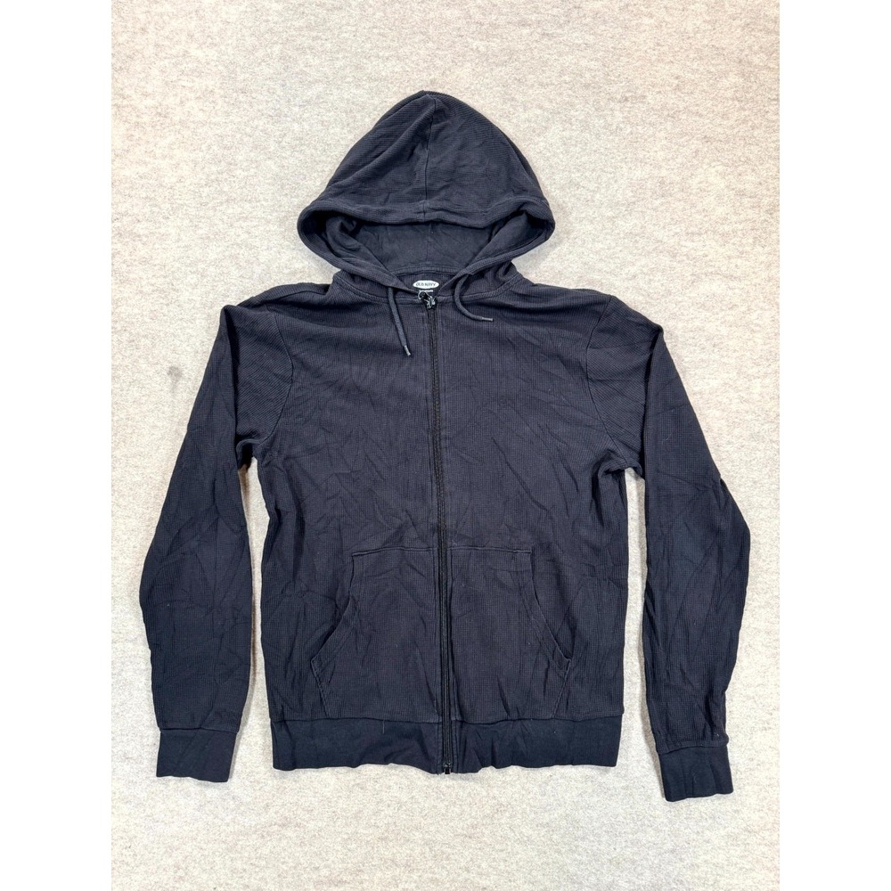 Old Navy Hoodie Mens Medium Black Full Zip Soft Washed Waffle Knit Drawstring